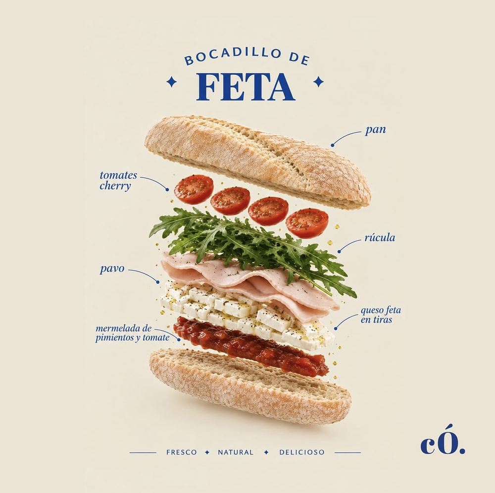 Ilustración del bocadillo de feta de có. con sus ingredientes